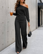 Skew-Neck Ruched Top and Wide-Leg Trouser Set
