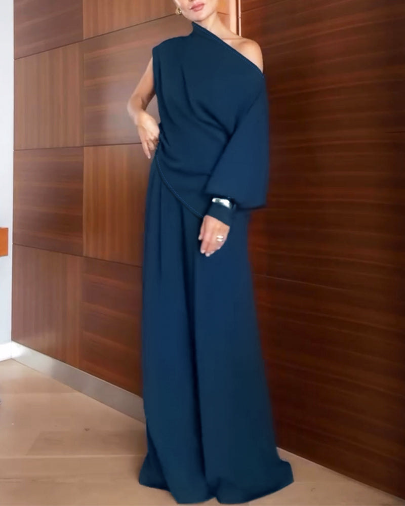 Skew-Neck Top and Button-Front Trouser Two-Piece Set - Purple Blue