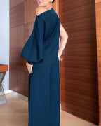 Skew-Neck Top and Button-Front Trouser Two-Piece Set