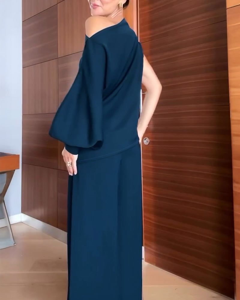 Skew-Neck Top and Button-Front Trouser Two-Piece Set