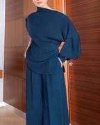 Skew-Neck Top and Button-Front Trouser Two-Piece Set