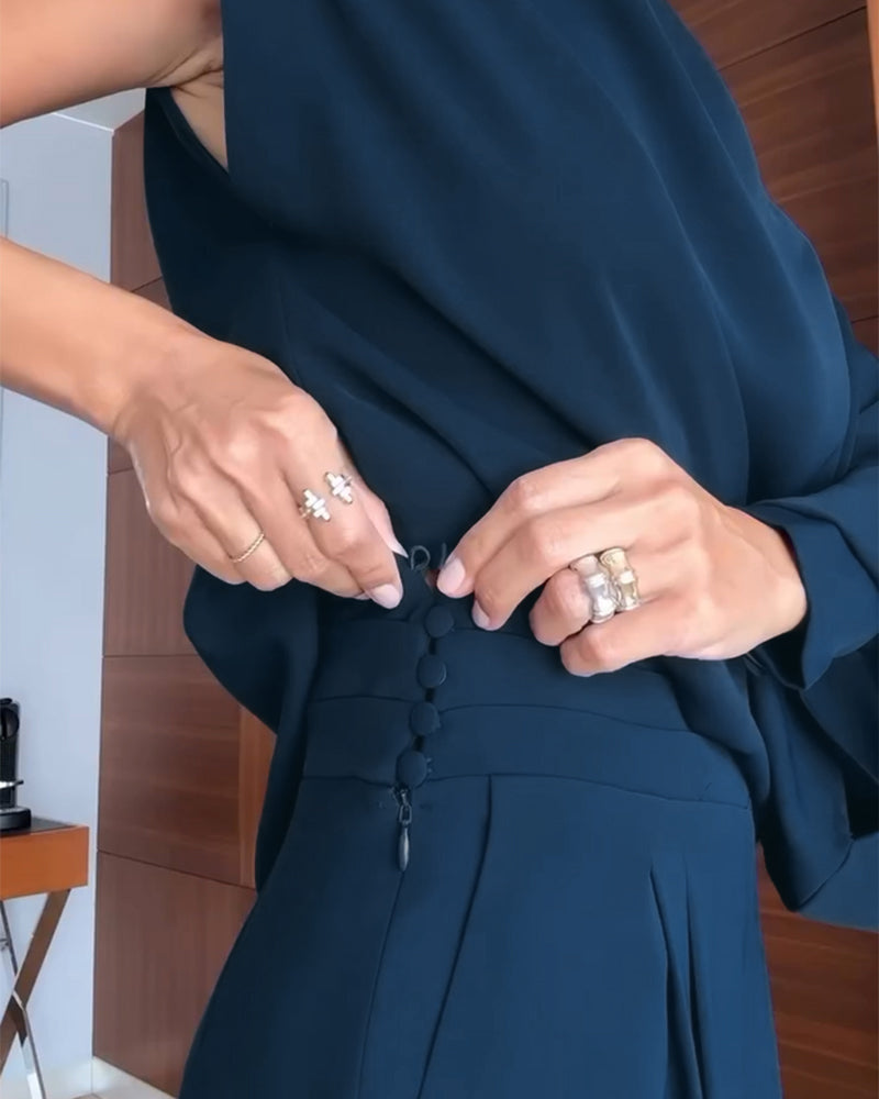 Skew-Neck Top and Button-Front Trouser Two-Piece Set