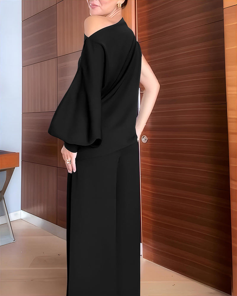 Skew-Neck Top and Button-Front Trouser Two-Piece Set