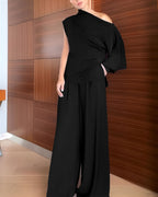 Skew-Neck Top and Button-Front Trouser Two-Piece Set