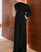 Skew-Neck Top and Button-Front Trouser Two-Piece Set