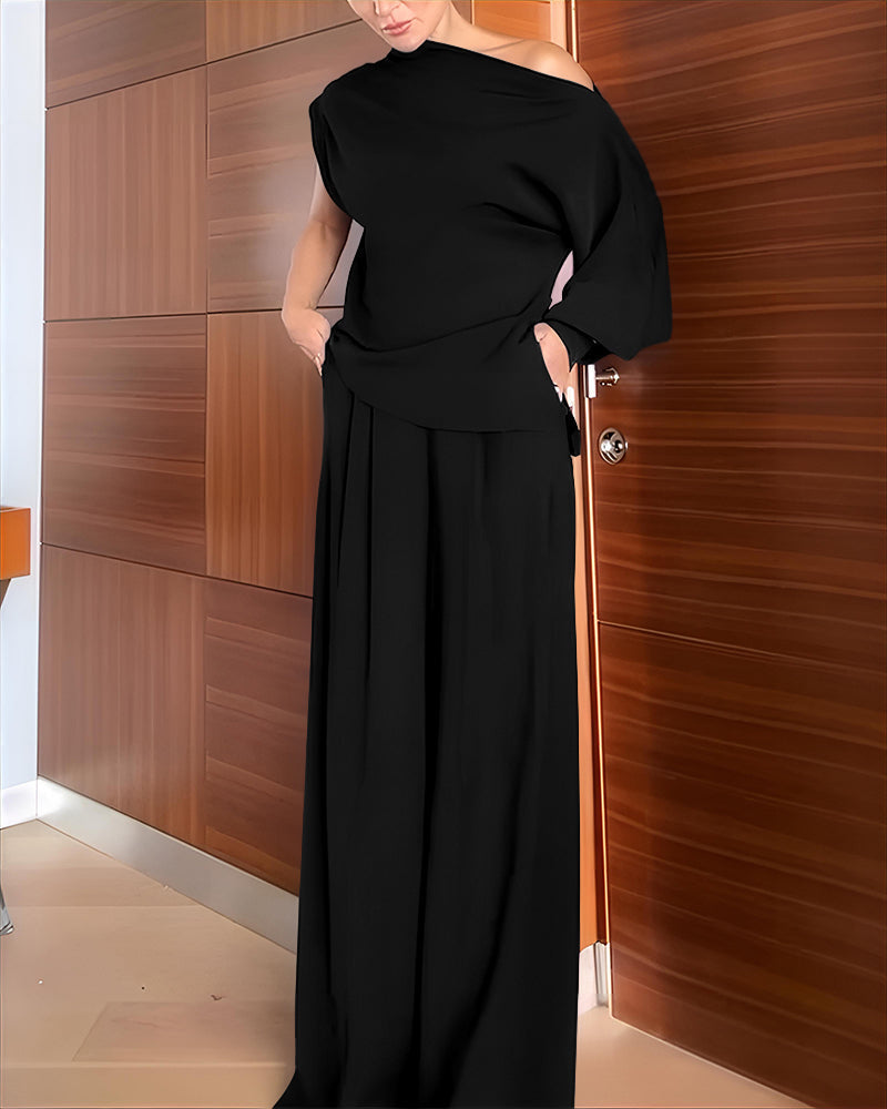Skew-Neck Top and Button-Front Trouser Two-Piece Set