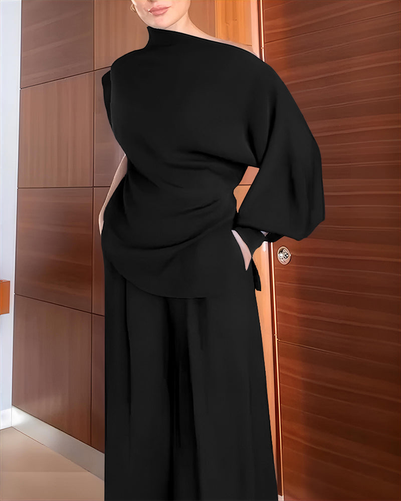 Skew-Neck Top and Button-Front Trouser Two-Piece Set