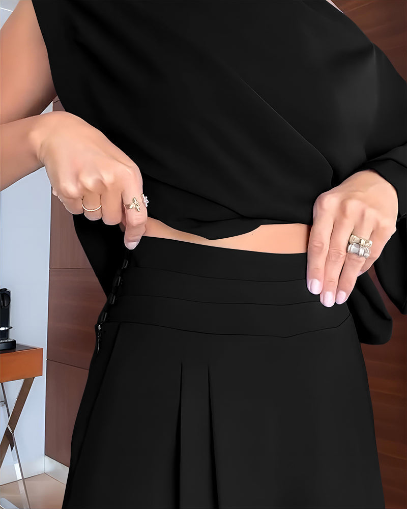 Skew-Neck Top and Button-Front Trouser Two-Piece Set