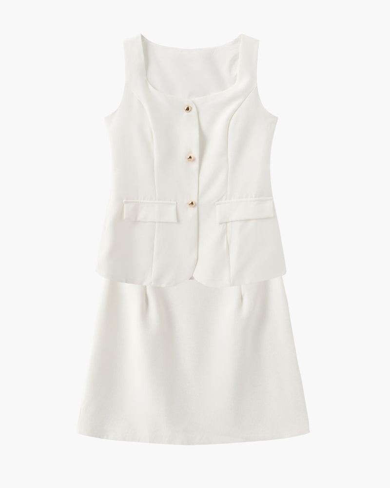 Sleeveless Blazer Top and A-Line Mini Skirt Two-Piece Set