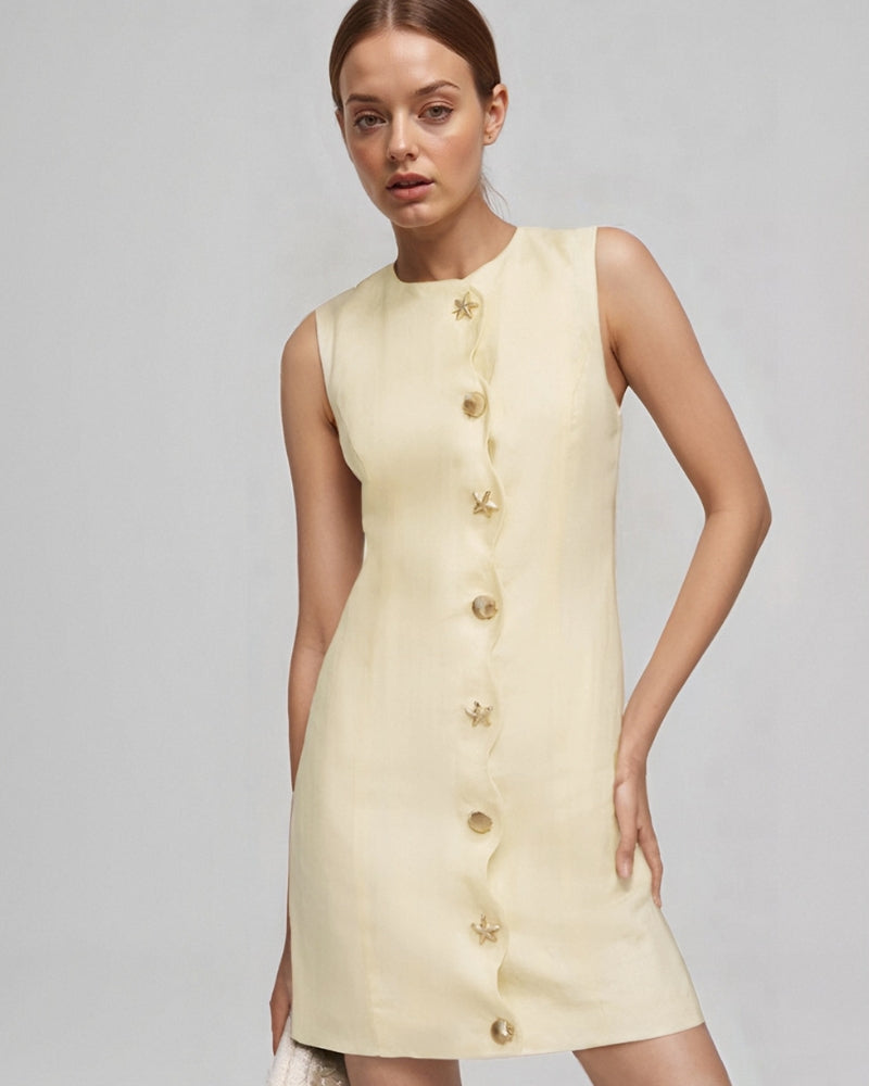 Sleeveless Mini Dress with Wavy Shell Button Placket