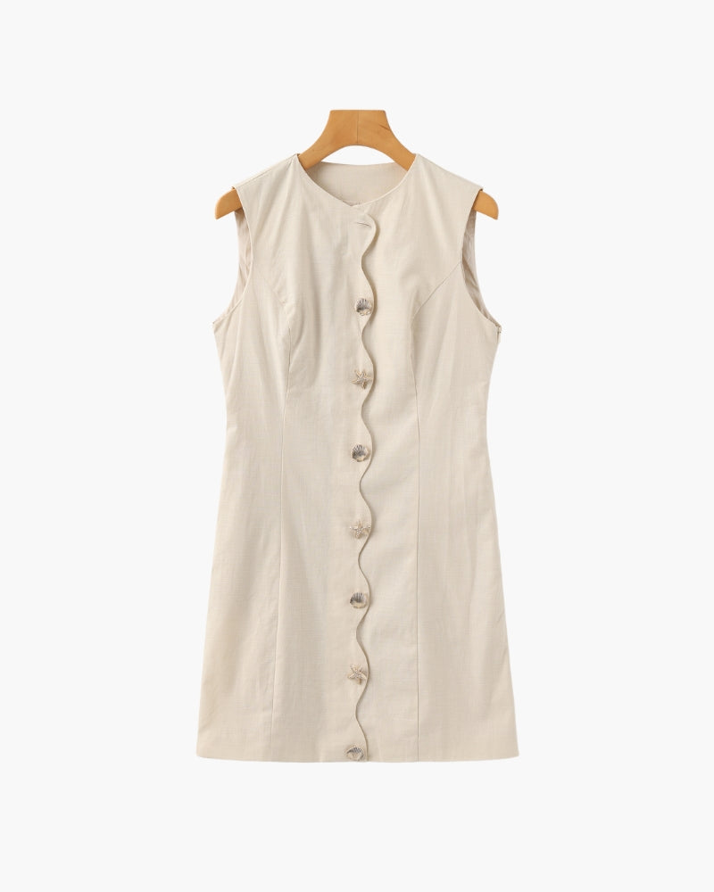 Sleeveless Mini Dress with Wavy Shell Button Placket
