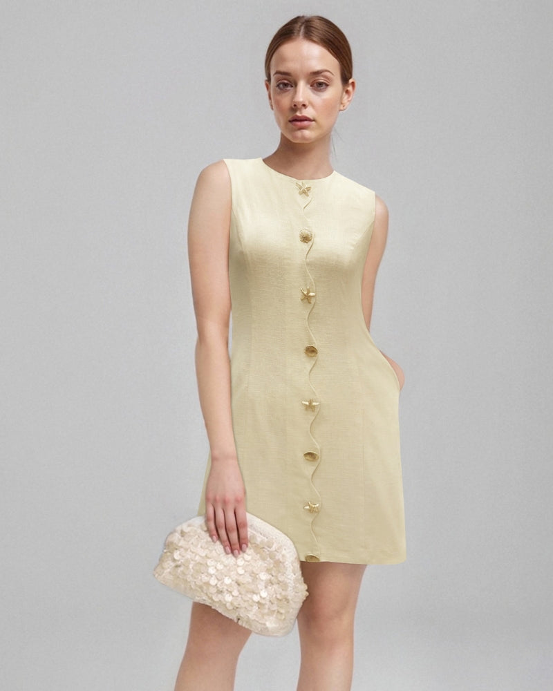 Sleeveless Mini Dress with Wavy Shell Button Placket