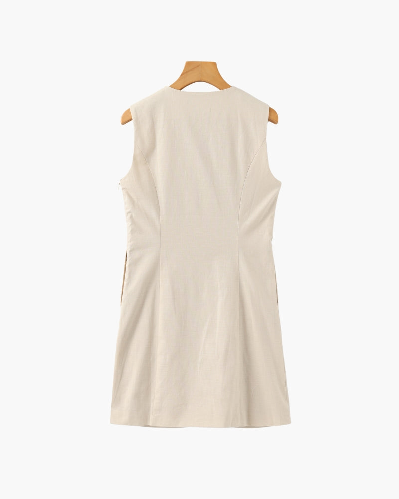 Sleeveless Mini Dress with Wavy Shell Button Placket