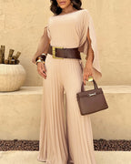 Slit-Sleeve Top and Pleated Wide-Leg Trouser Set - Khaki