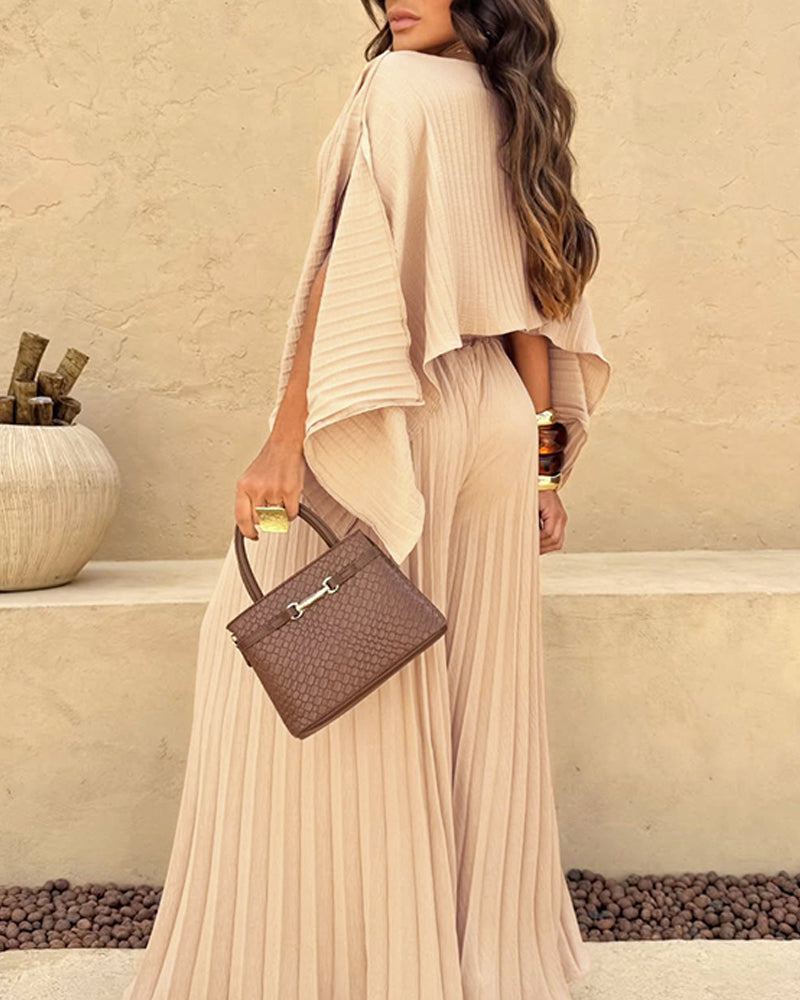 Slit-Sleeve Top and Pleated Wide-Leg Trouser Set - Khaki