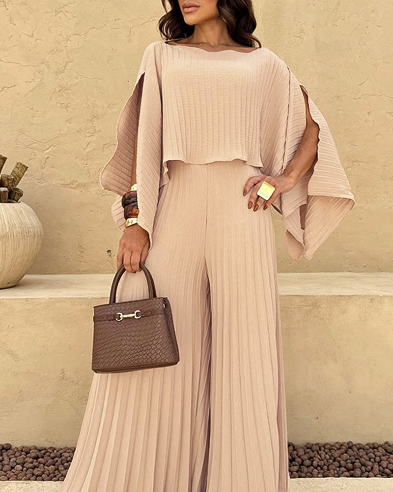 Slit-Sleeve Top and Pleated Wide-Leg Trouser Set - Khaki