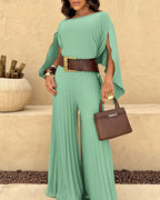 Slit-Sleeve Top and Pleated Wide-Leg Trouser Set - Khaki