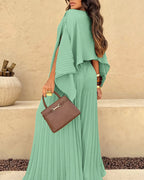 Slit-Sleeve Top and Pleated Wide-Leg Trouser Set - Khaki