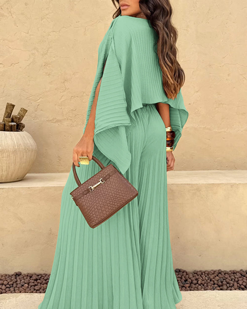 Slit-Sleeve Top and Pleated Wide-Leg Trouser Set - Khaki