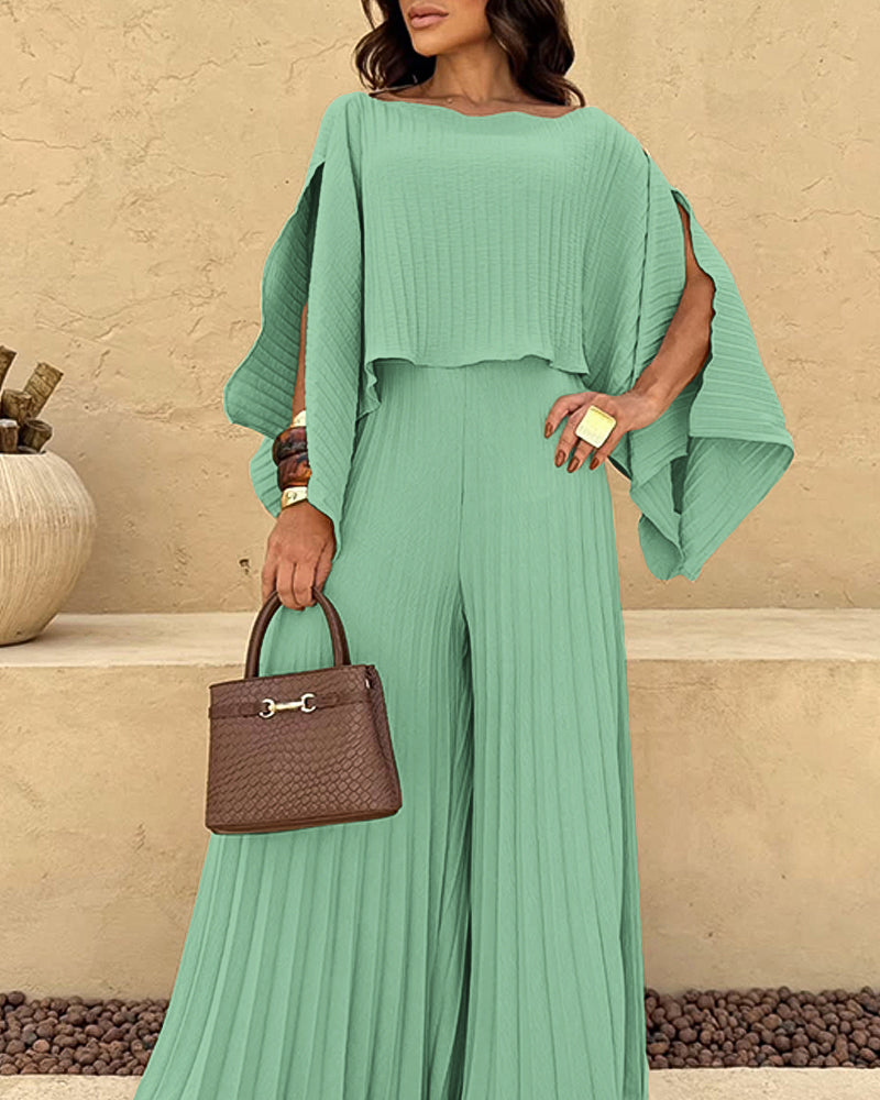 Slit-Sleeve Top and Pleated Wide-Leg Trouser Set - Khaki