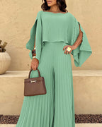 Slit-Sleeve Top and Pleated Wide-Leg Trouser Set - Khaki