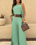 Slit-Sleeve Top and Pleated Wide-Leg Trouser Set - Khaki