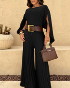 Slit-Sleeve Top and Pleated Wide-Leg Trouser Set - Khaki