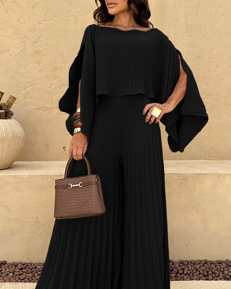 Slit-Sleeve Top and Pleated Wide-Leg Trouser Set - Khaki