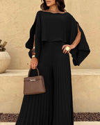 Slit-Sleeve Top and Pleated Wide-Leg Trouser Set - Khaki