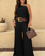 Slit-Sleeve Top and Pleated Wide-Leg Trouser Set - Khaki