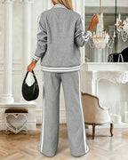 Snap-Button Jacket and Wide-Leg Trouser Two-Piece - Gray