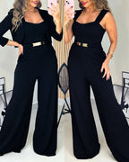 Square-Neck Jumpsuit with Wide Leg and Zip Back - Black