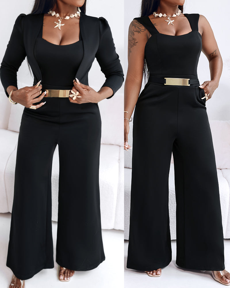 Square-Neck Jumpsuit with Wide Leg and Zip Back - Black