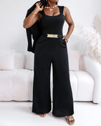 Square-Neck Jumpsuit with Wide Leg and Zip Back - Black