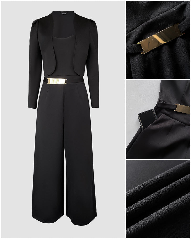 Square-Neck Jumpsuit with Wide Leg and Zip Back - Black