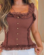 Square-Neck Rib-Knit Crop Tank with Lace Trim - Dark Brown