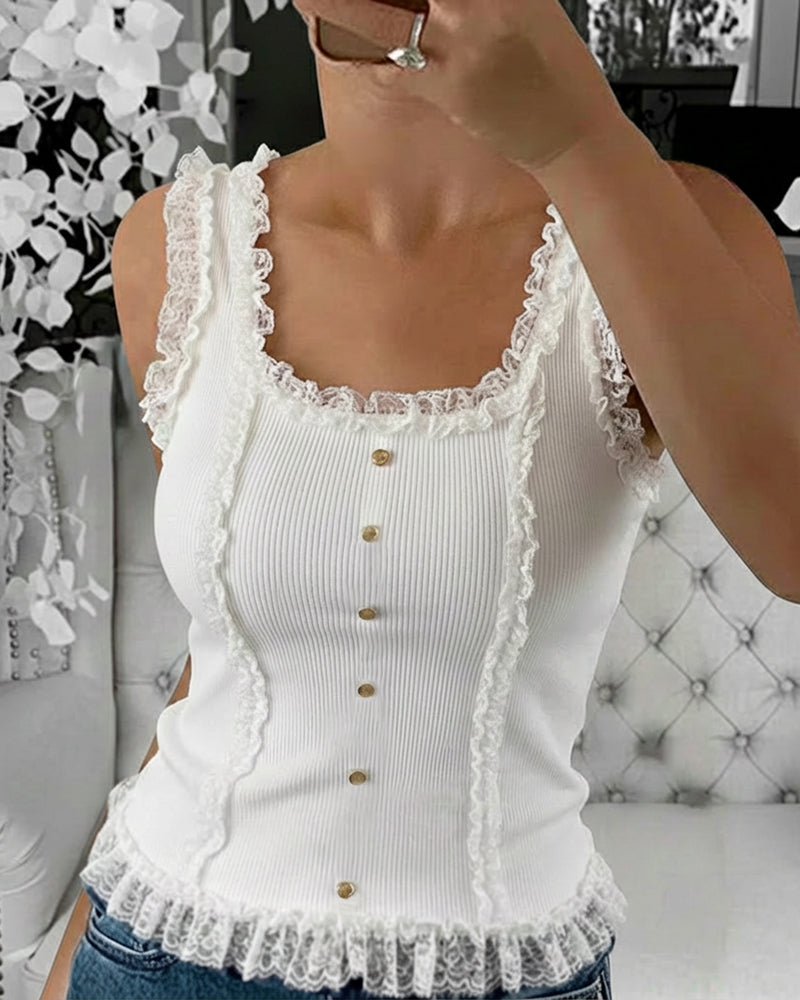 Square-Neck Rib-Knit Crop Tank with Lace Trim