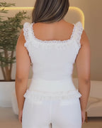 Square-Neck Rib-Knit Crop Tank with Lace Trim