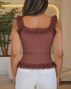 Square-Neck Rib-Knit Crop Tank with Lace Trim