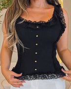 Square-Neck Rib-Knit Crop Tank with Lace Trim - Black