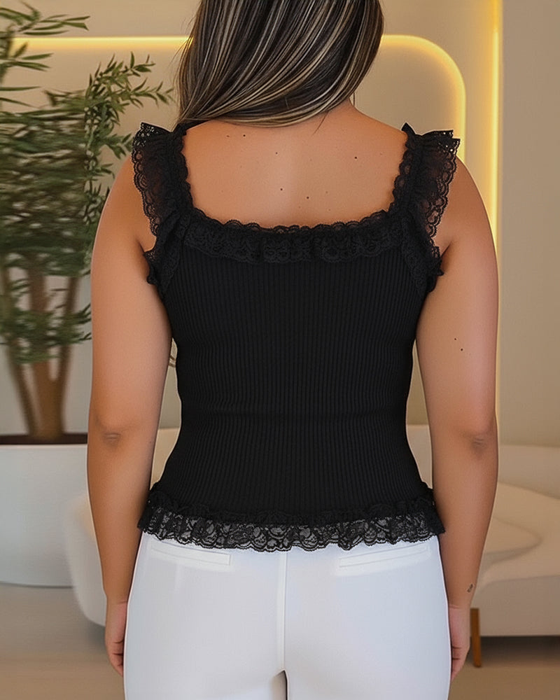 Square-Neck Rib-Knit Crop Tank with Lace Trim