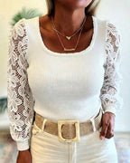 Square-Neck Ribbed Knit Top with Lace Sleeve Panels - White
