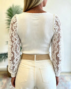 Square-Neck Ribbed Knit Top with Lace Sleeve Panels - White