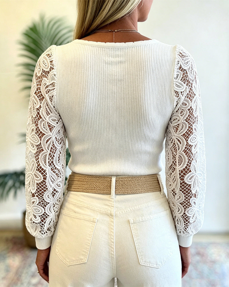 Square-Neck Ribbed Knit Top with Lace Sleeve Panels - White