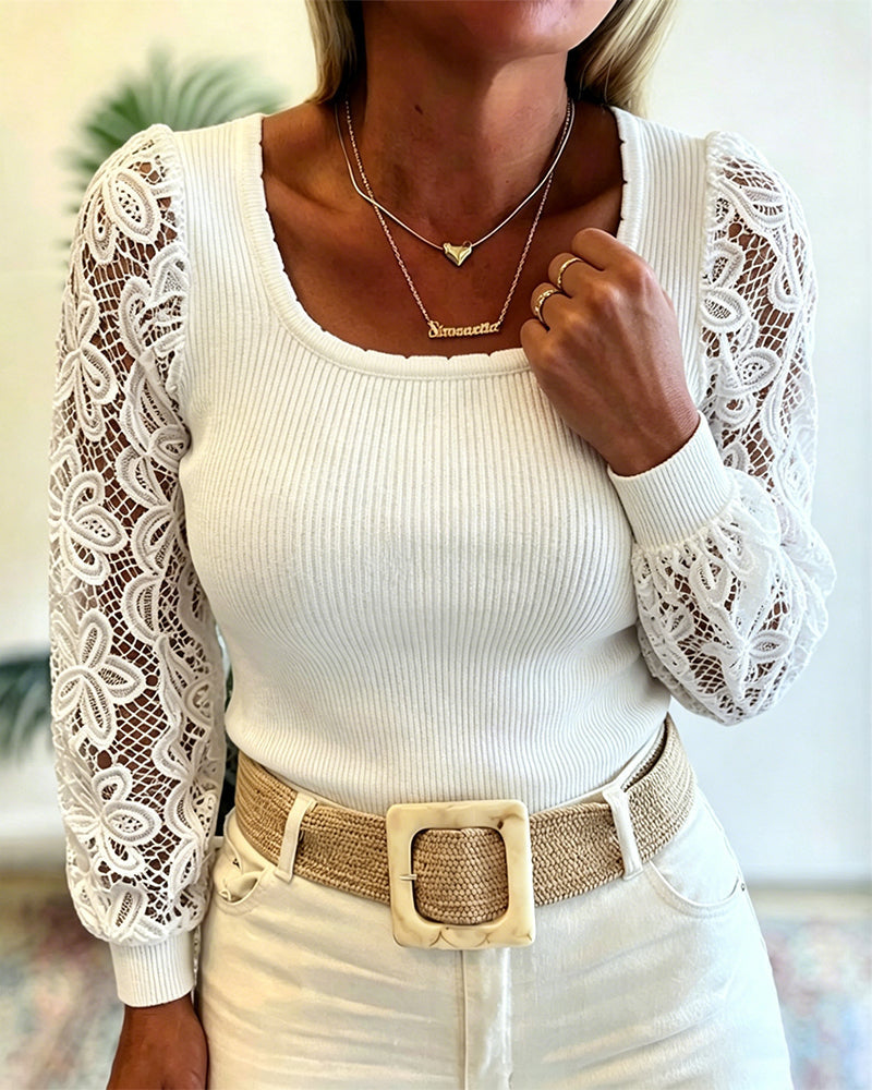 Square-Neck Ribbed Knit Top with Lace Sleeve Panels - White