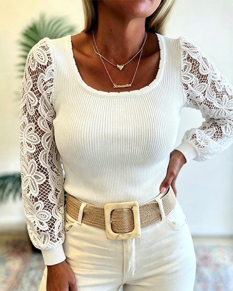 Square-Neck Ribbed Knit Top with Lace Sleeve Panels - White