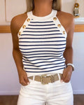 Striped Halter Knit Tank with Contrast Binding - White