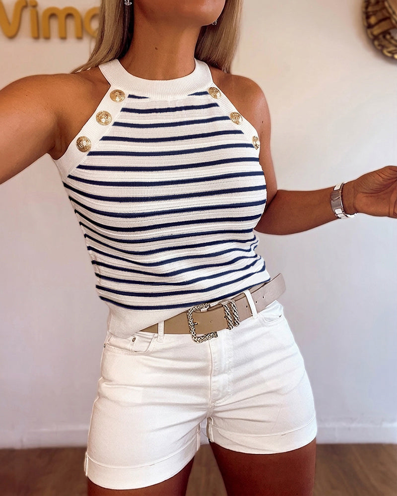 Striped Halter Knit Tank with Contrast Binding