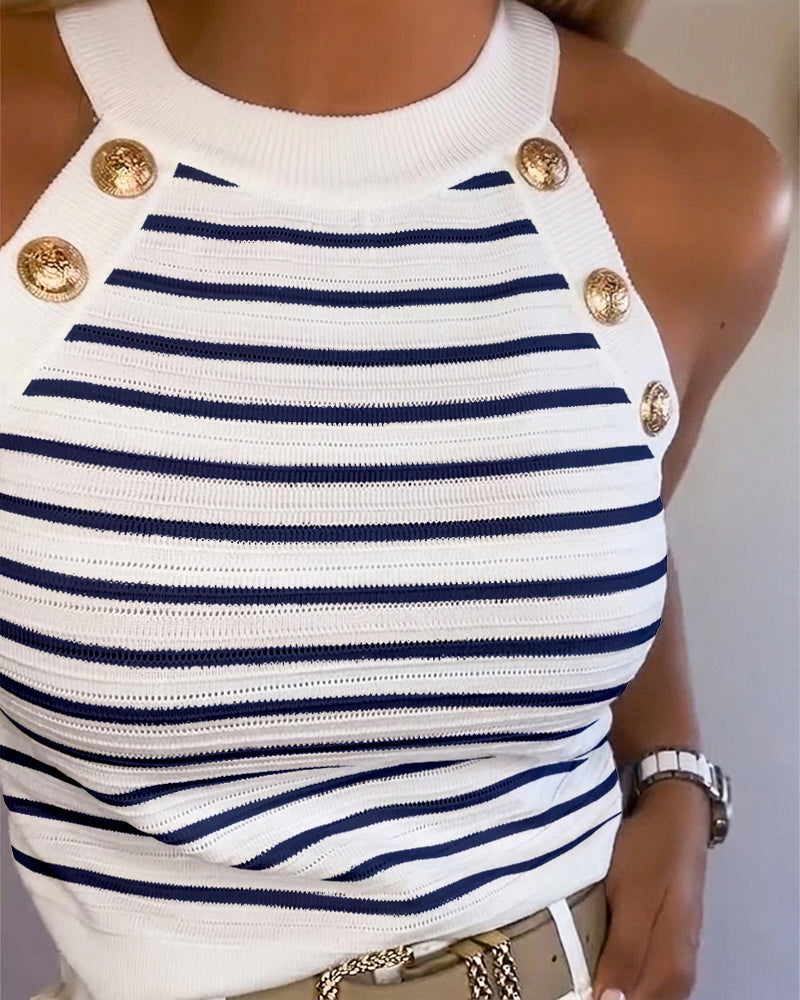 Striped Halter Knit Tank with Contrast Binding