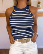 Striped Halter Knit Tank with Contrast Binding - Blue